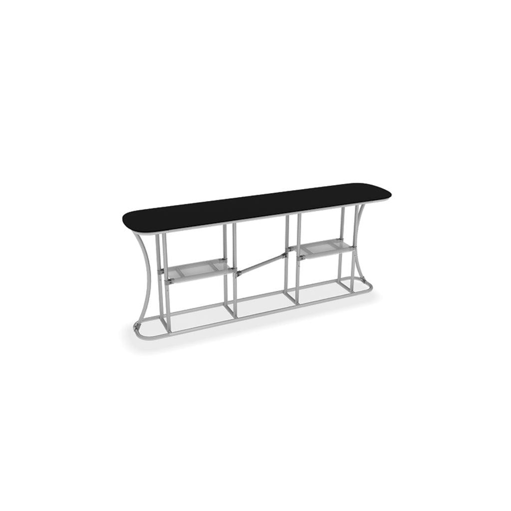 Trade show counter with curved metal frame and shelf, ideal for exhibitions and special events