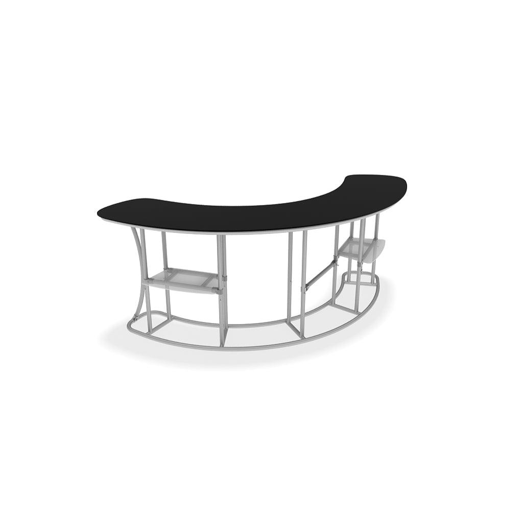 Curved trade show counter with metal frame and dual shelves for exhibitions and special events