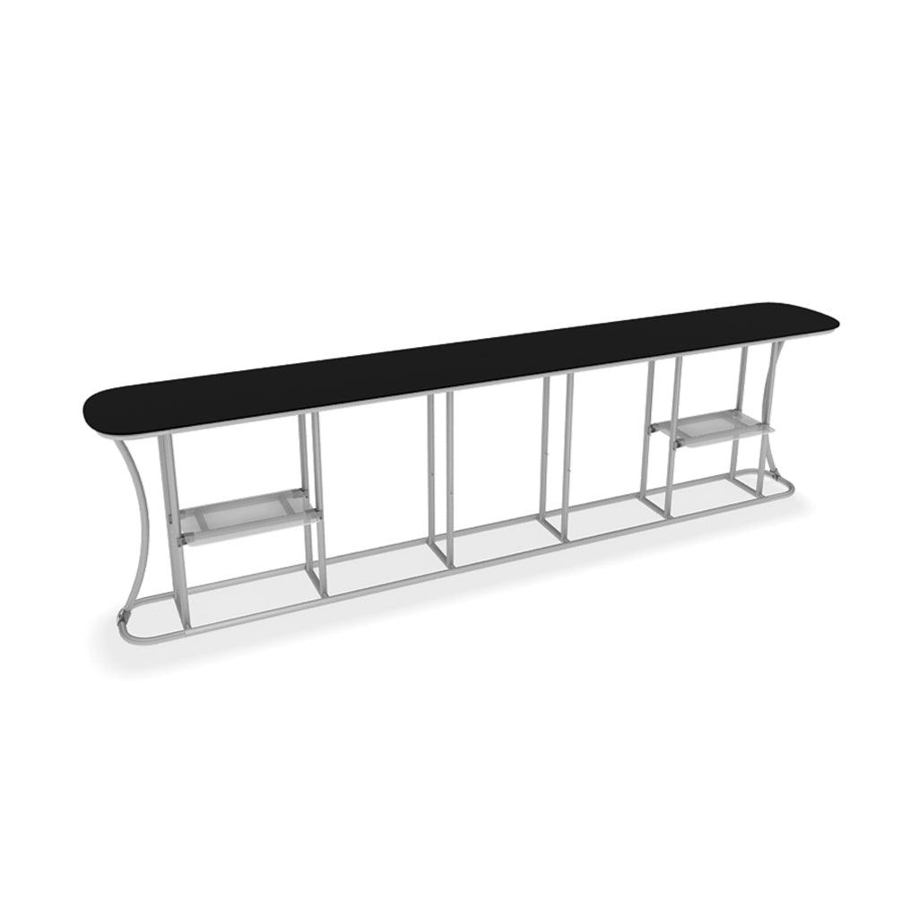 Long portable trade show counter with metal frame and shelves for exhibitions and special events