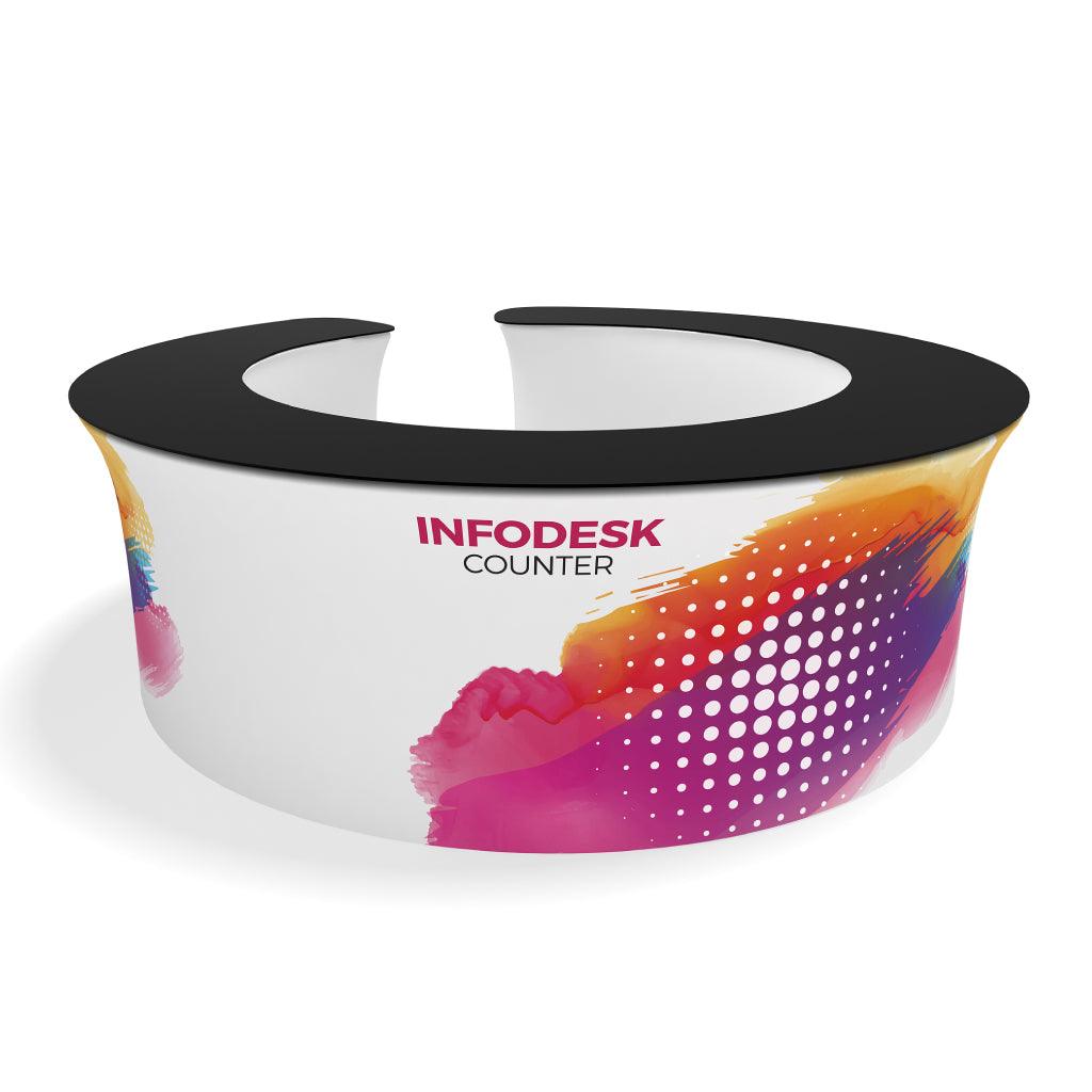 Circular infodesk counter with branded graphics for trade shows, exhibitions, and event use