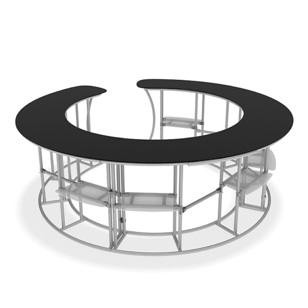Circular trade show info desk with aluminum frame and counter surface for exhibitions and special events