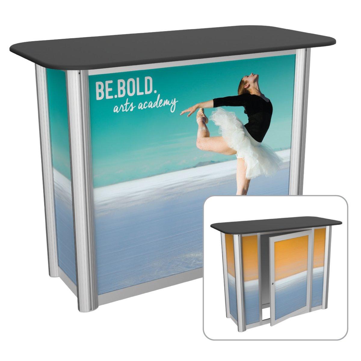 portable trade show counter with arts academy graphic and storage door for exhibitions and events