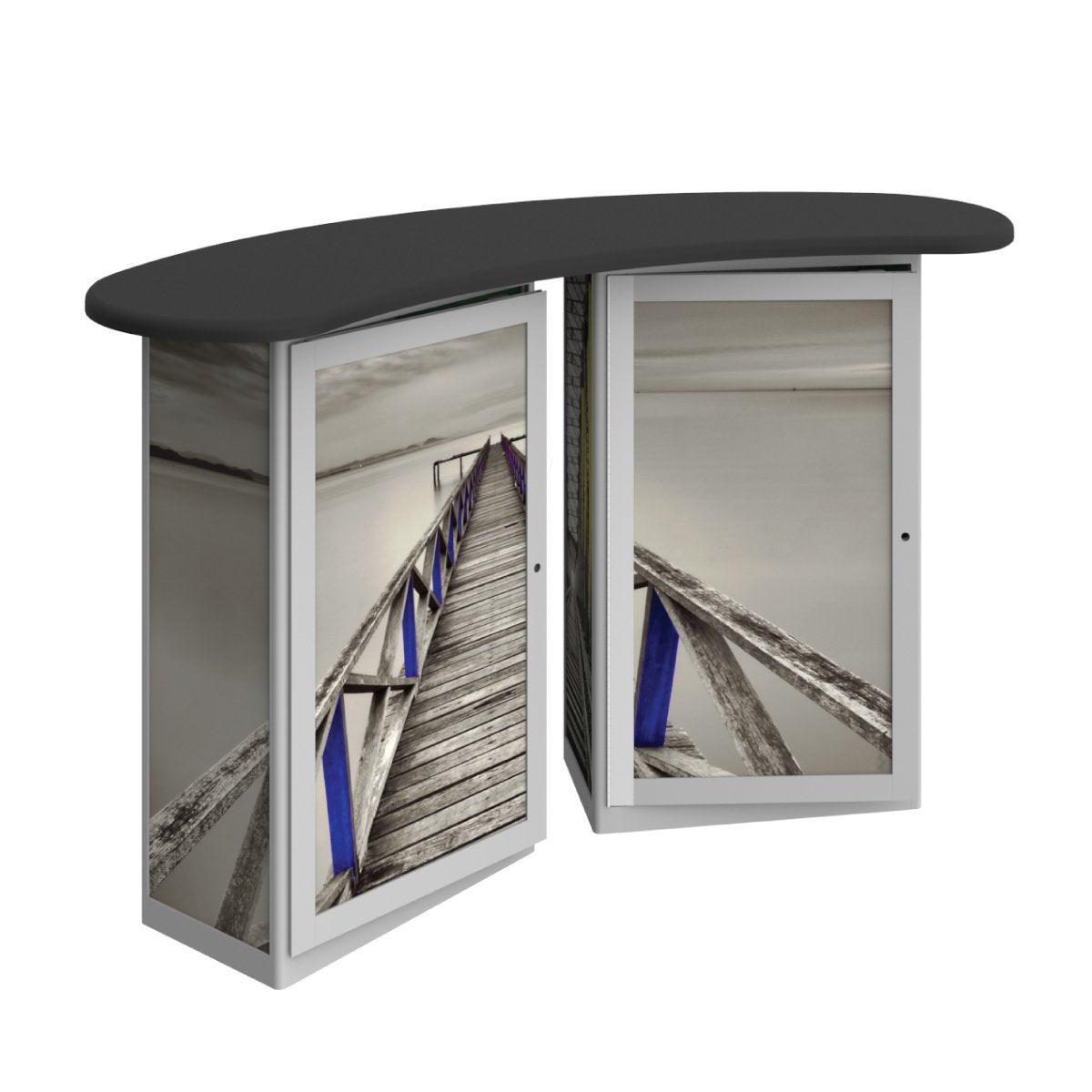 Curved reception counter with printed panels depicting a wooden pier, ideal for trade shows and exhibitions