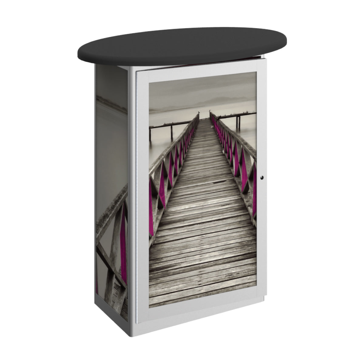 Oval trade show counter with printed graphic panel of wooden pier leading into foggy water