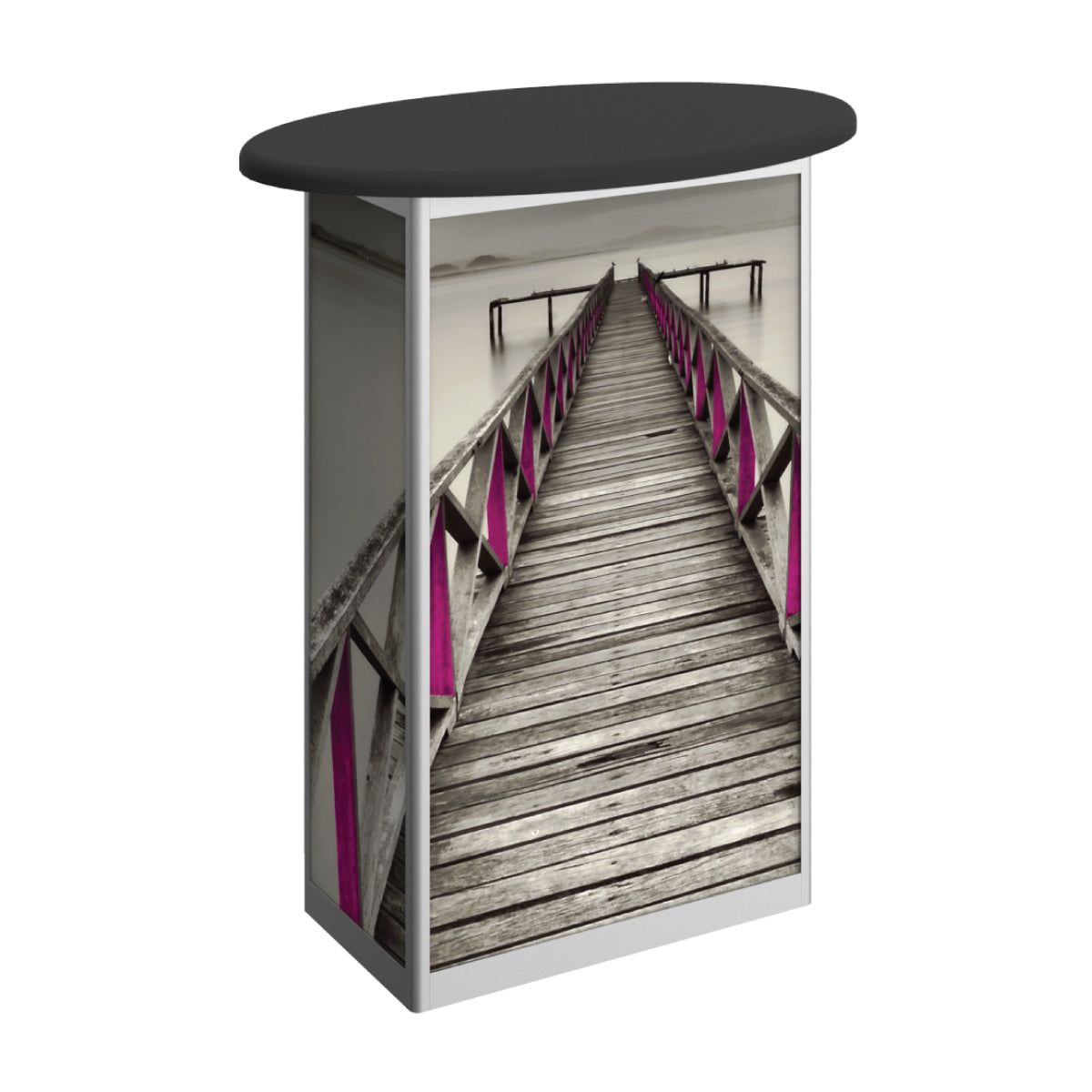 Oval trade show counter with wraparound graphic of wooden pier extending over water, ideal for exhibitions