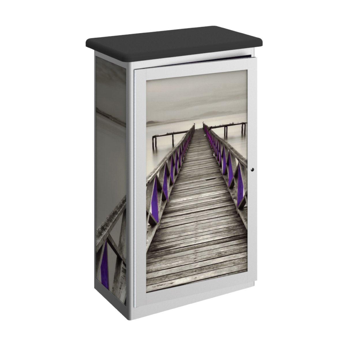 Portable trade show counter with printed panel featuring wooden pier image for exhibitions and events