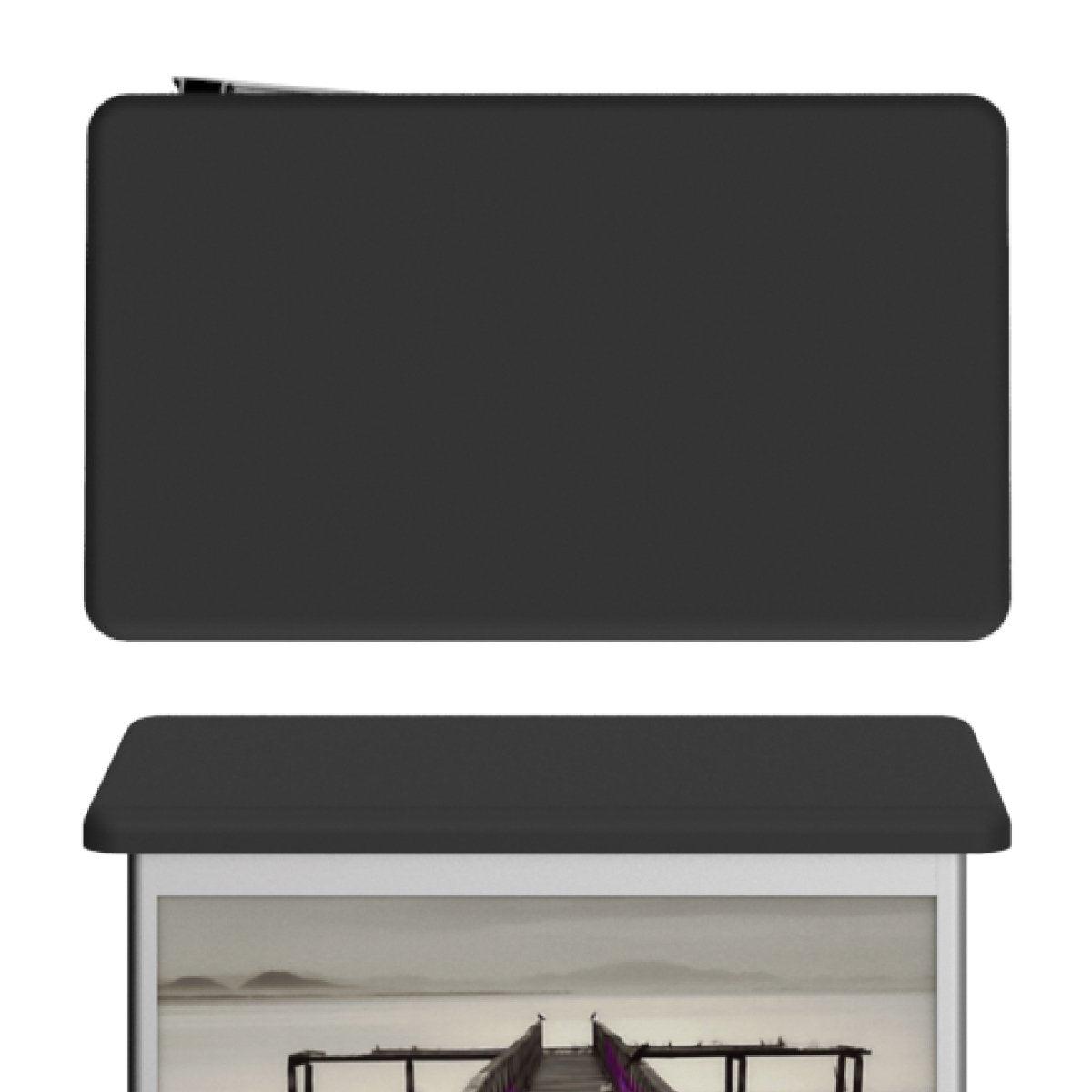 Portable trade show counter with large top surface and graphic panel for exhibitions and special events