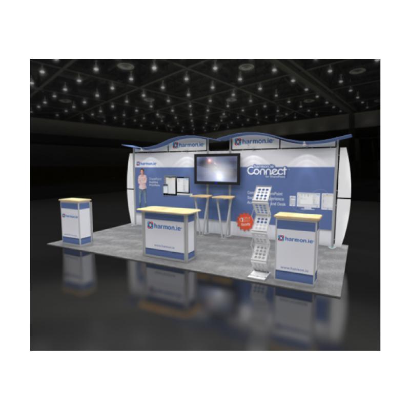 Trade show booth with branded counters, tall display stands, large backdrop, and mounted screen for exhibitions