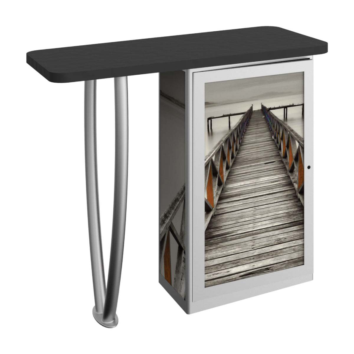 Portable trade show counter with graphic panel and sleek tabletop for exhibitions and special events