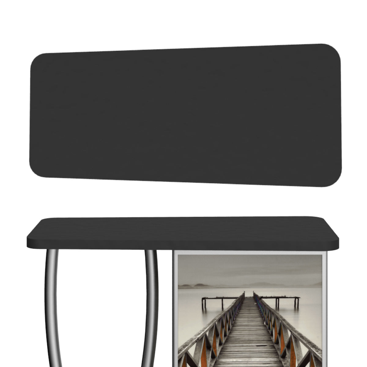 Modular trade show counter with curved frame and custom graphic panel for exhibitions and events