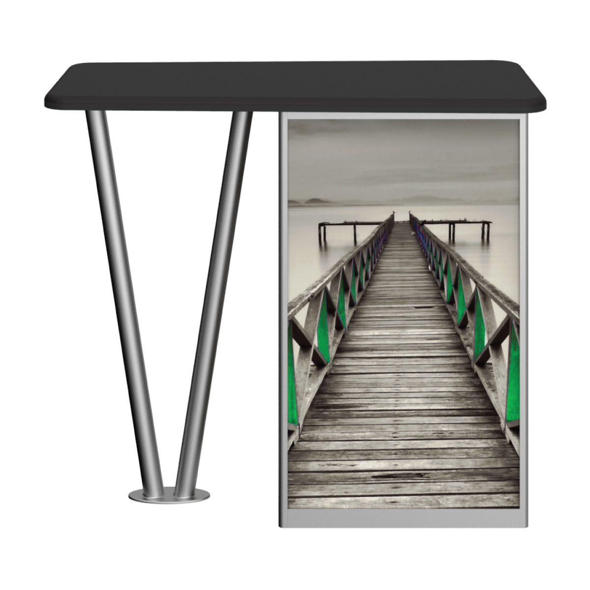 Trade show counter with metal legs and graphic panel featuring a long wooden pier leading into calm water