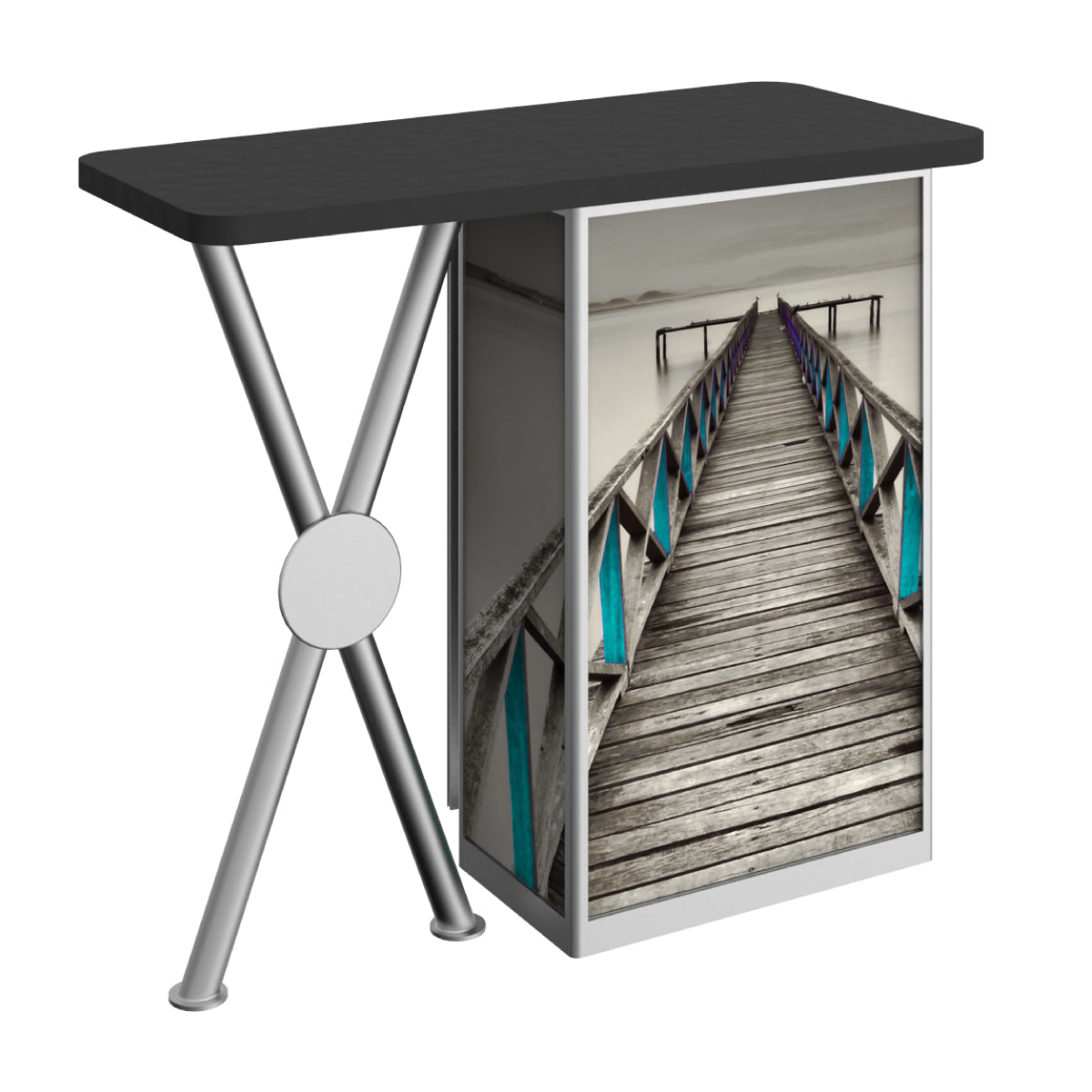 Trade show counter with a modern podium design featuring custom printed graphic panel of a wooden pier on water