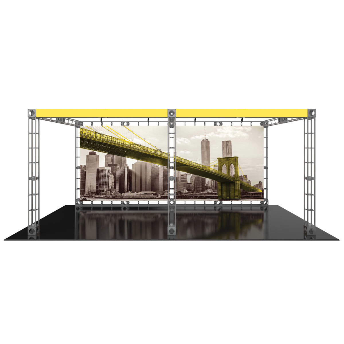 Trade show truss display with large suspended cityscape graphic and modern lighting for exhibitions