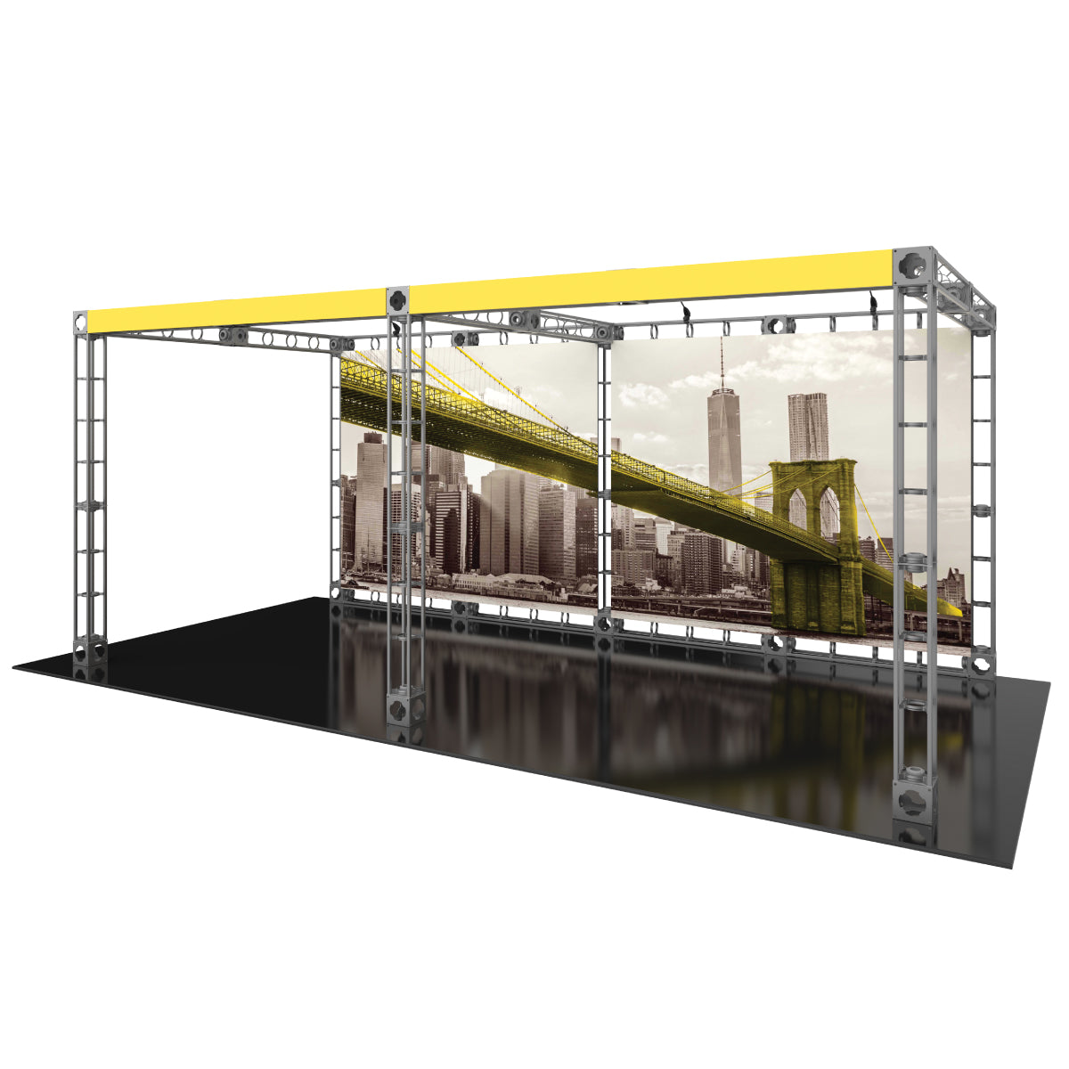 Modular truss display with large cityscape graphic for trade shows and exhibitions