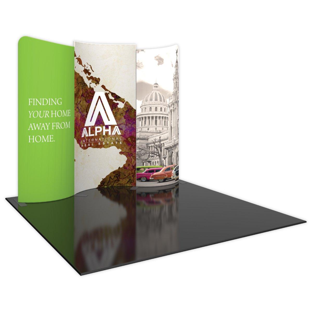 Curved 10ft trade show display kit with real estate branding and cityscape graphics for exhibitions