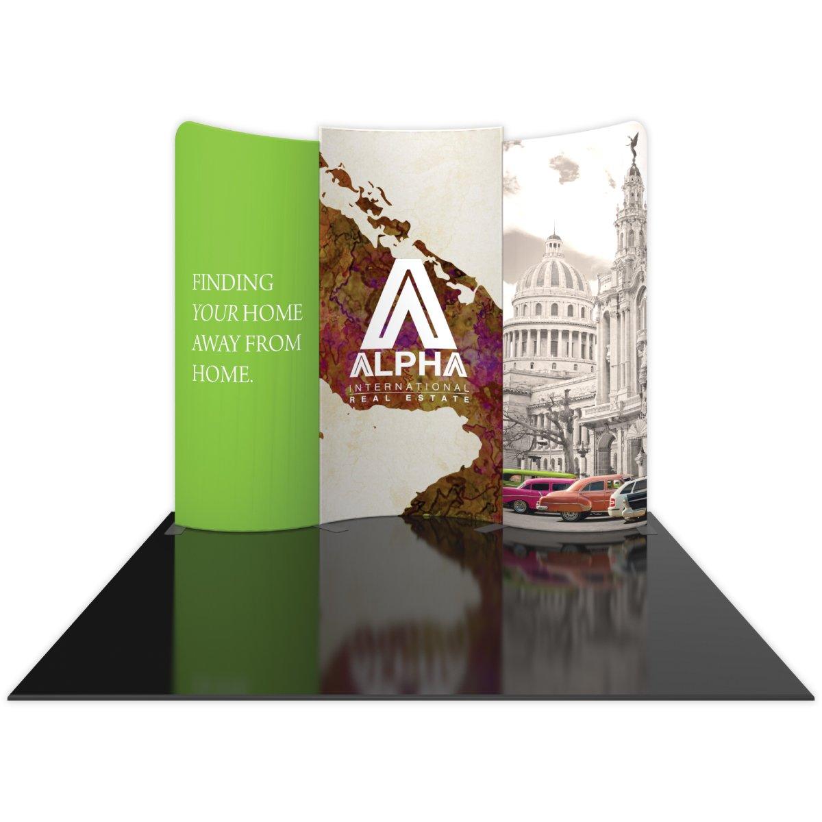 Curved 10ft trade show display with map, architectural images, and real estate branding for exhibitions