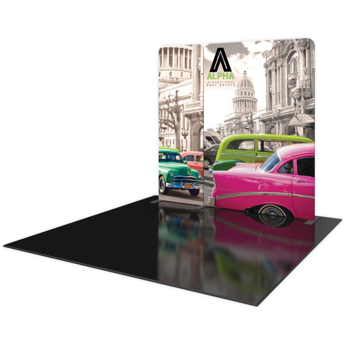 Curved 10ft trade show display with vintage cars and cityscape for exhibitions and events