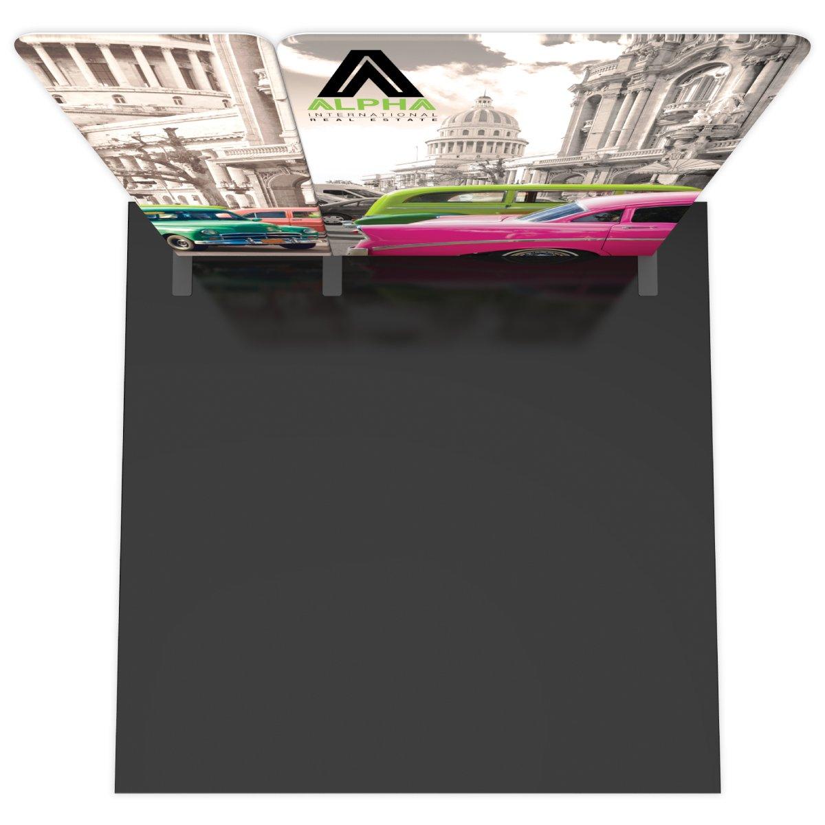 Curved 10ft trade show display with vintage cars and architecture graphics featuring Alpha real estate branding