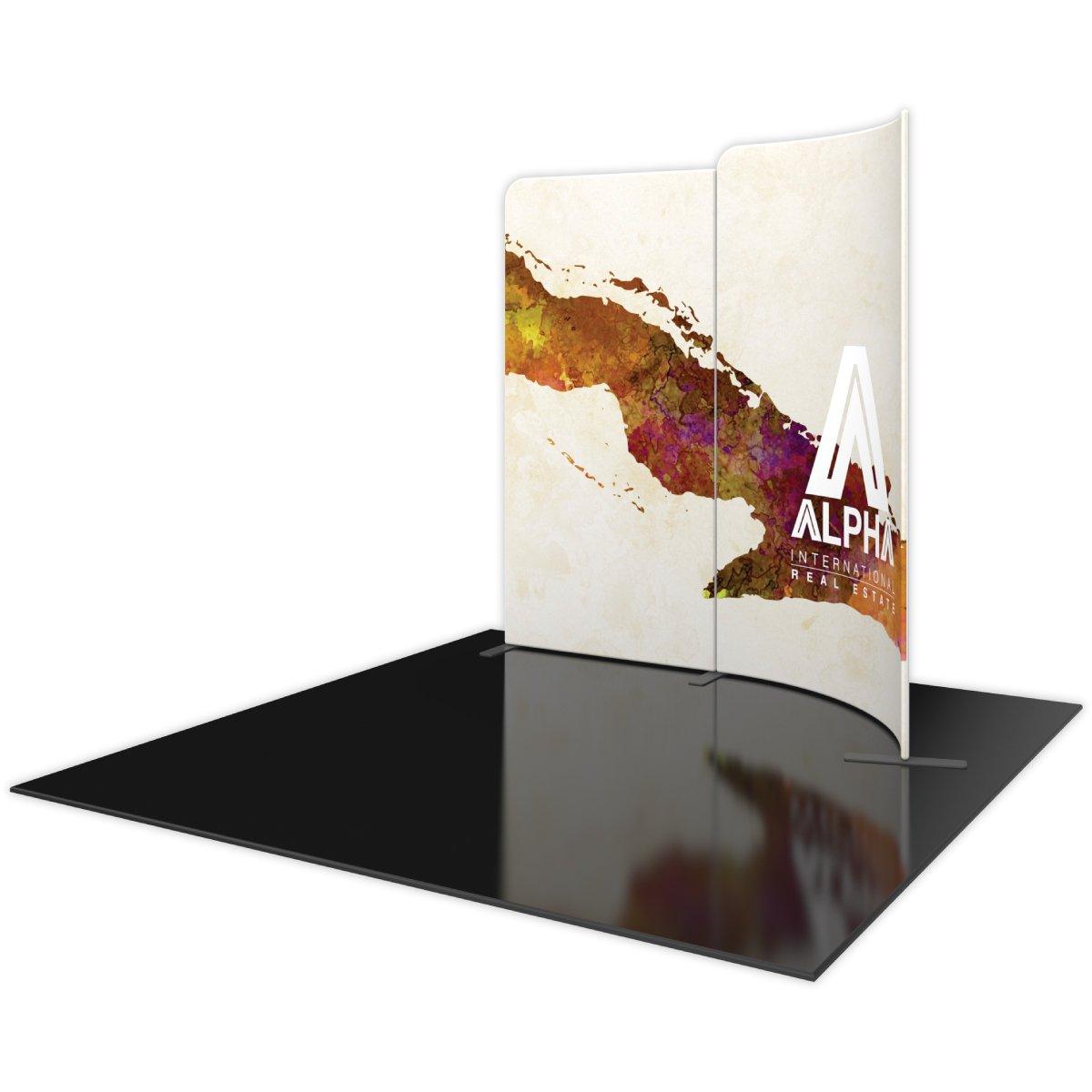 Curved modular trade show display with abstract map graphics and company logo on reflective floor