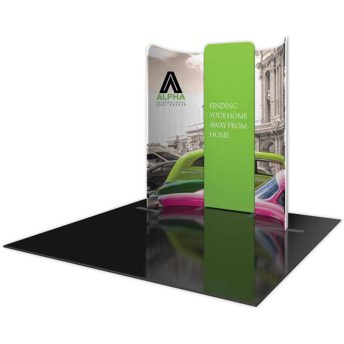 10ft curved trade show display with branded graphics and slogan for real estate exhibitions and events