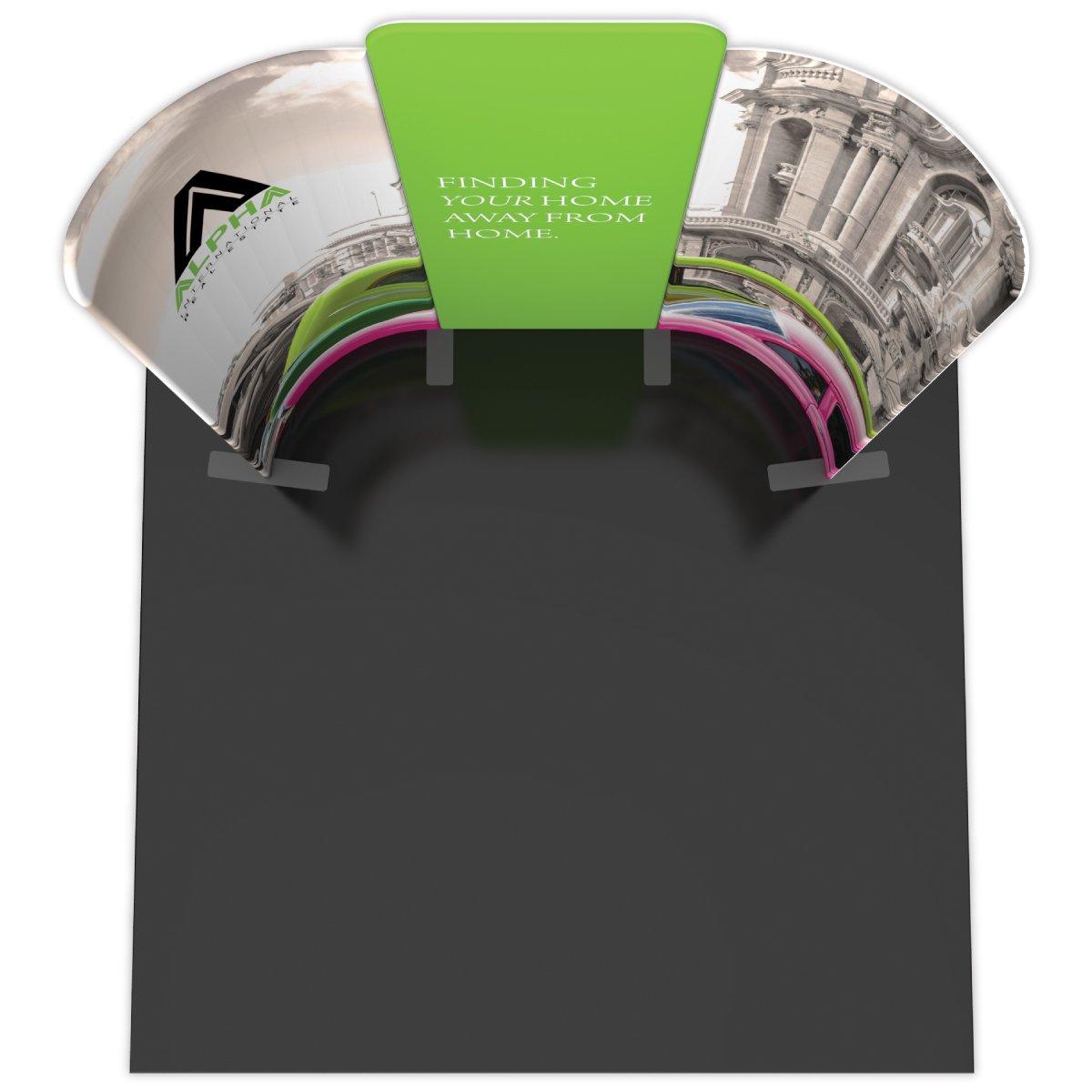 Curved 10ft trade show display with central panel and side wings featuring architectural and travel graphics