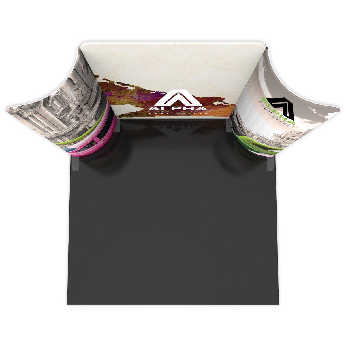 10ft curved trade show display booth featuring large printed graphics and company logos for exhibitions