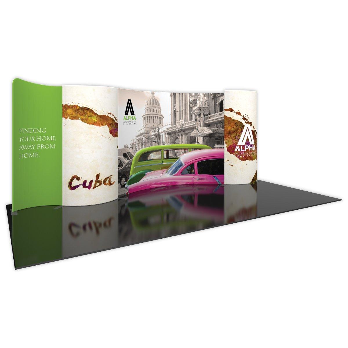 Curved trade show display kit featuring vintage cars and cityscape for real estate exhibitions