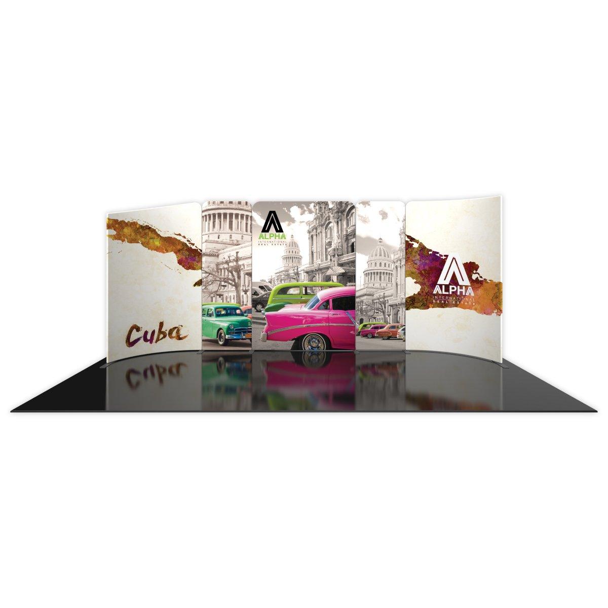 20ft trade show display with curved panels showcasing vintage cars and architecture for exhibitions and events