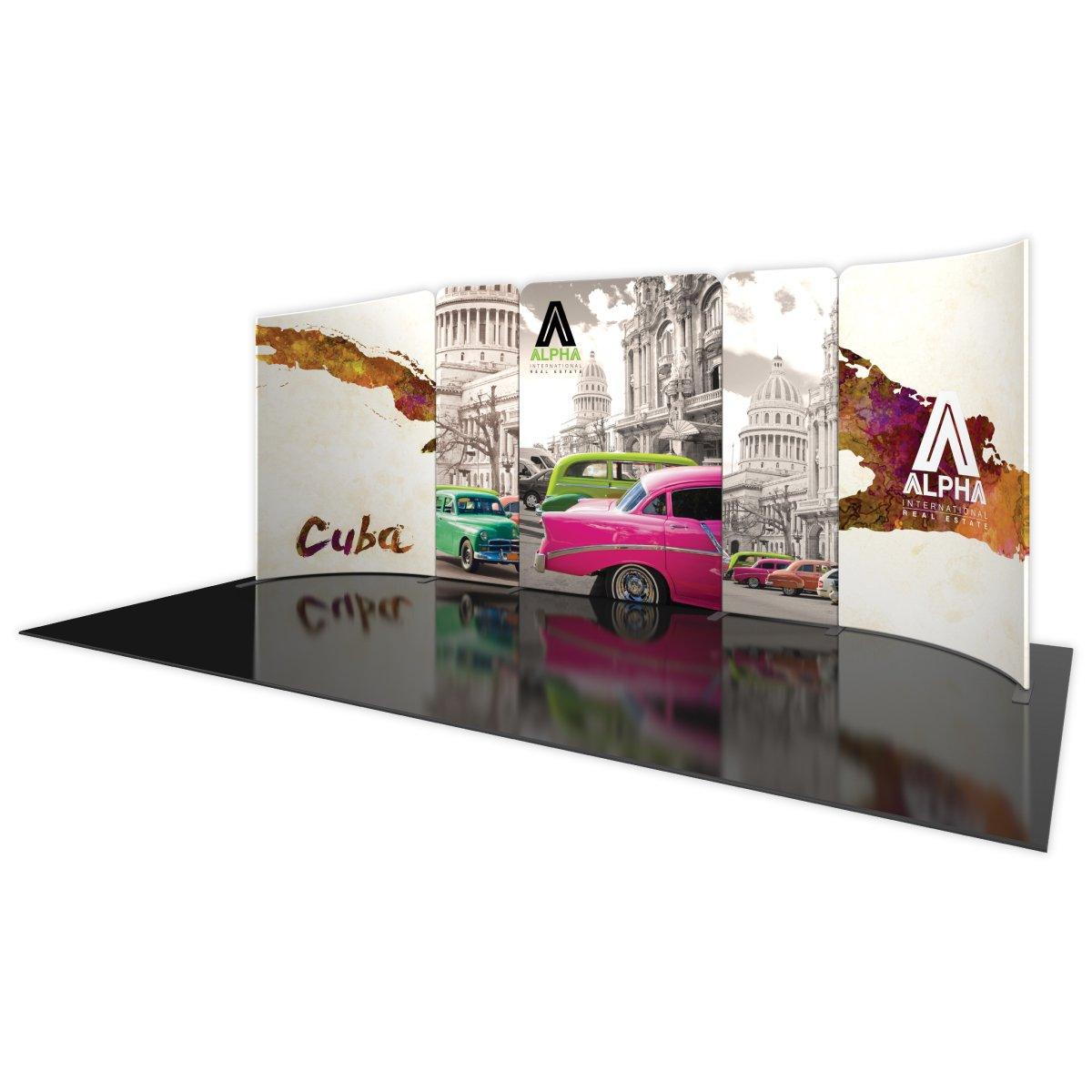 Curved trade show display with vintage cars and architecture graphics for exhibitions and events