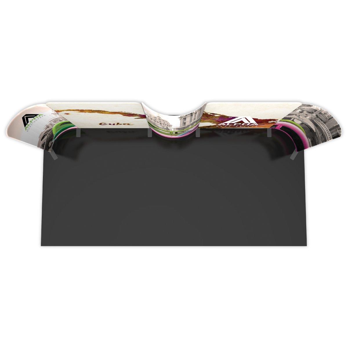 Curved 20ft trade show display with printed graphics, designed for exhibitions and special events