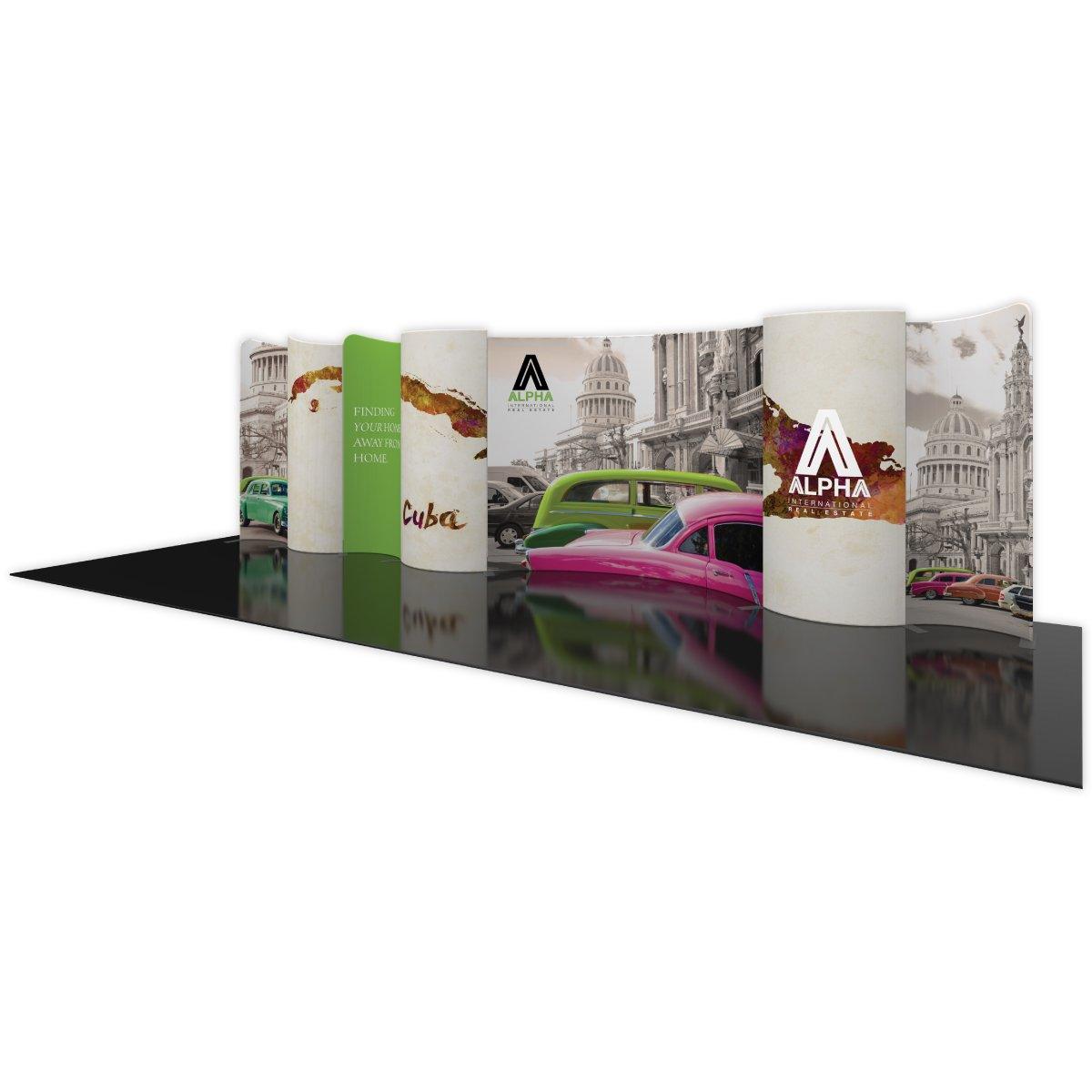 Curved trade show display with vintage car and cityscape graphics for exhibitions and events