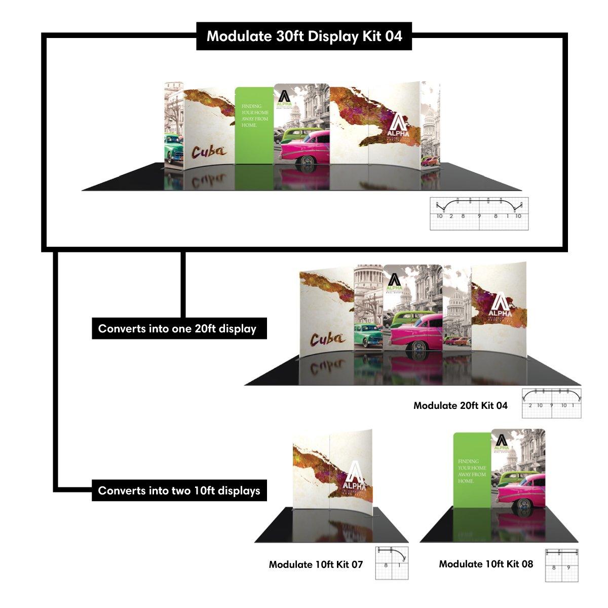 Modulate display kit configurations for trade shows including 30ft, 20ft, and two 10ft curved exhibits