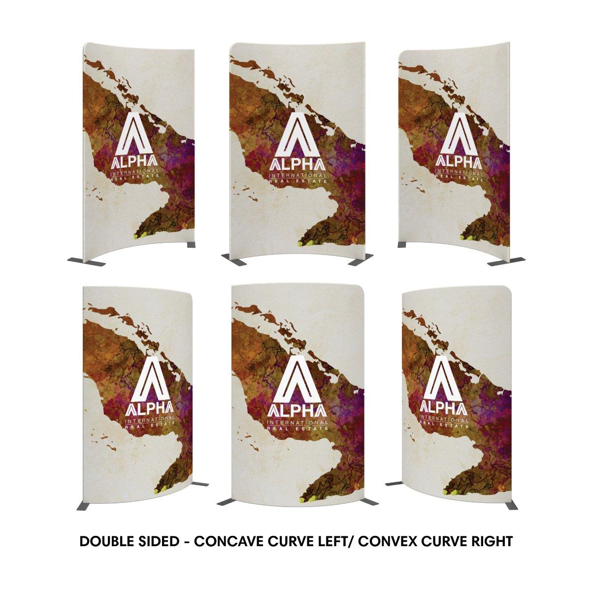 Double-sided curved fabric trade show displays with Alpha International Real Estate branding for exhibitions