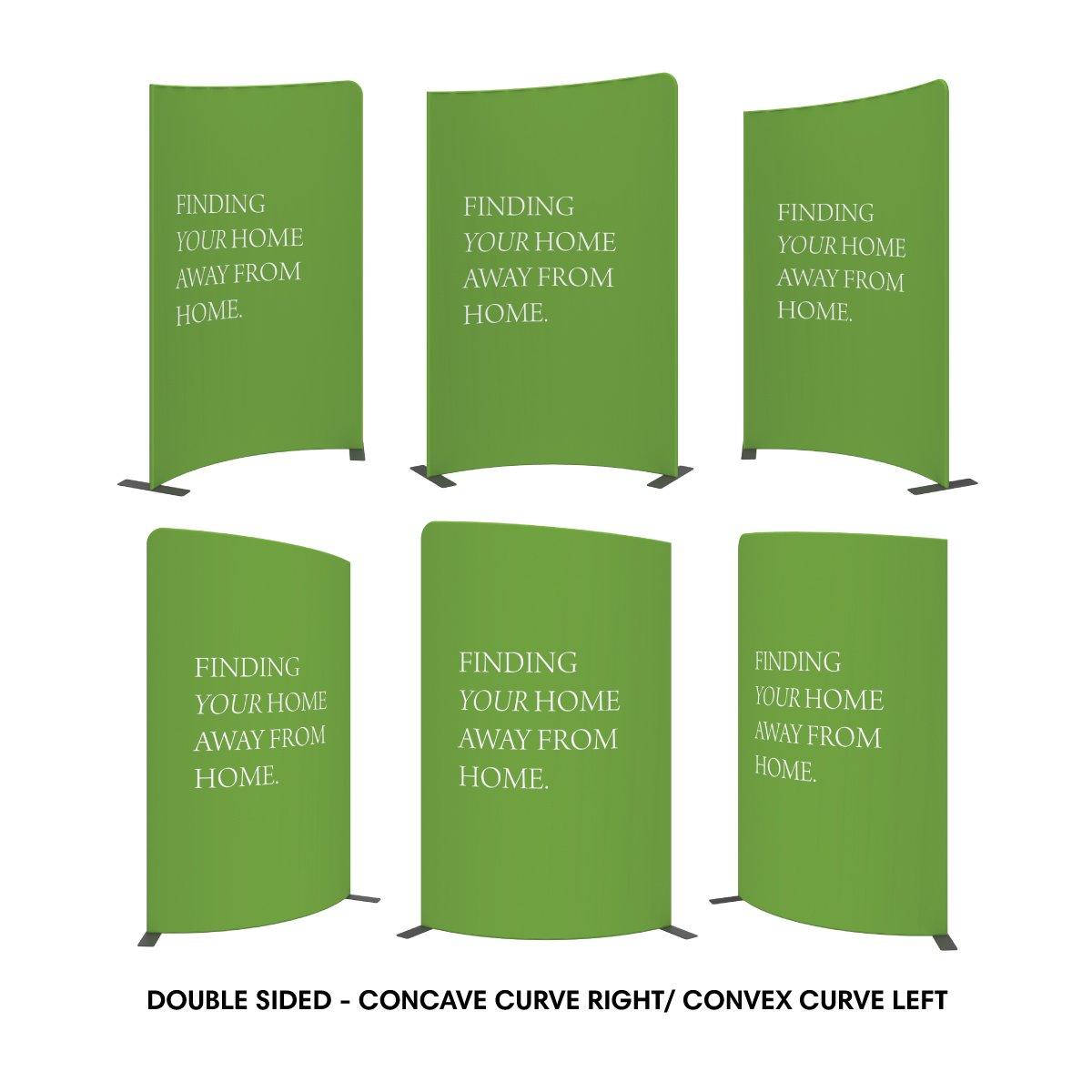 Double-sided curved trade show display banners with the message 'Finding your home away from home' for exhibitions and events