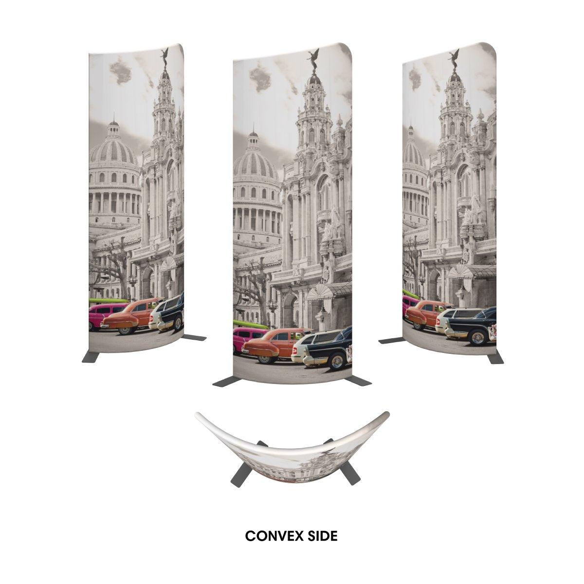 Curved trade show displays featuring vintage cars and historic building print for exhibitions and events