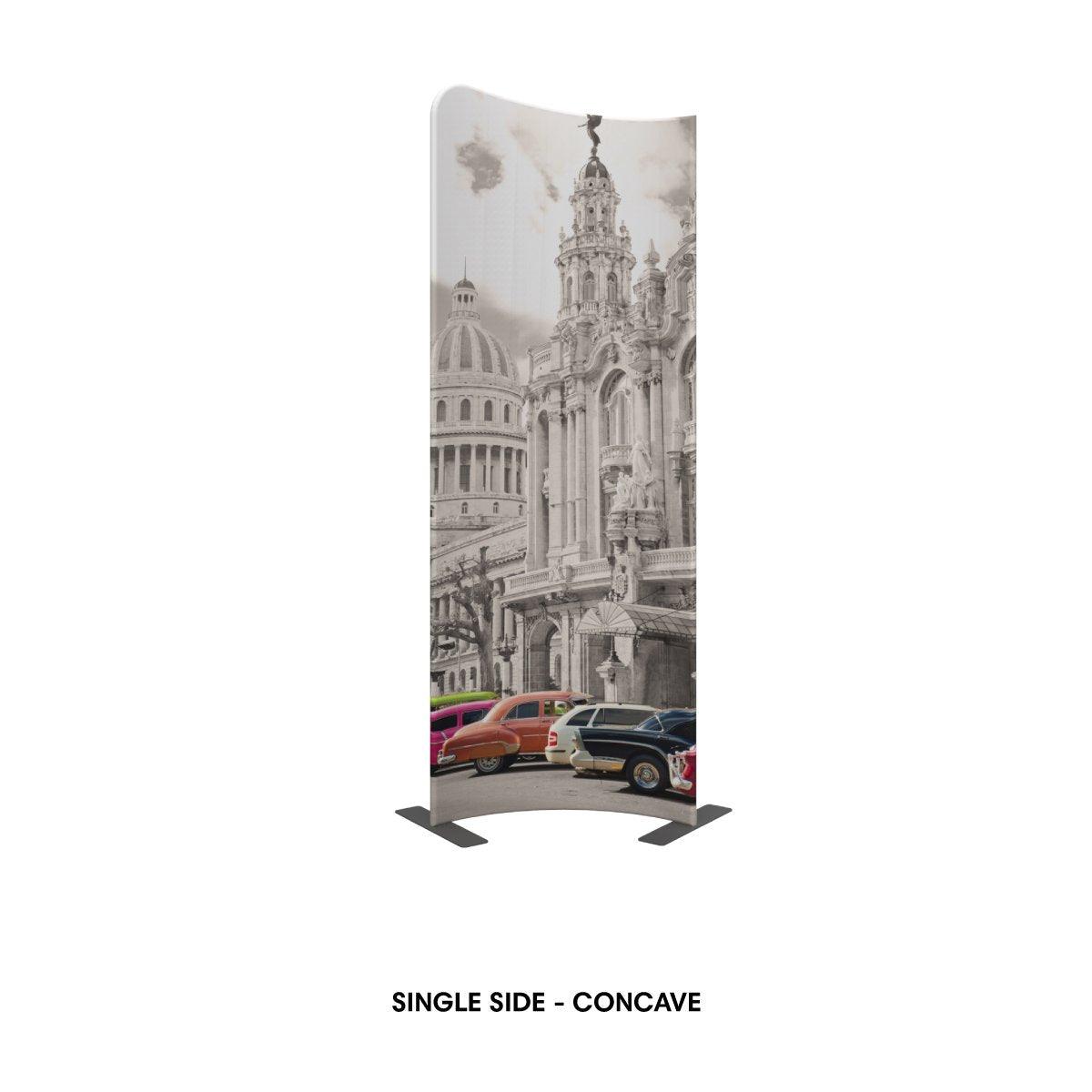 Concave single-side fabric trade show display featuring vintage cars and historic architecture for exhibitions