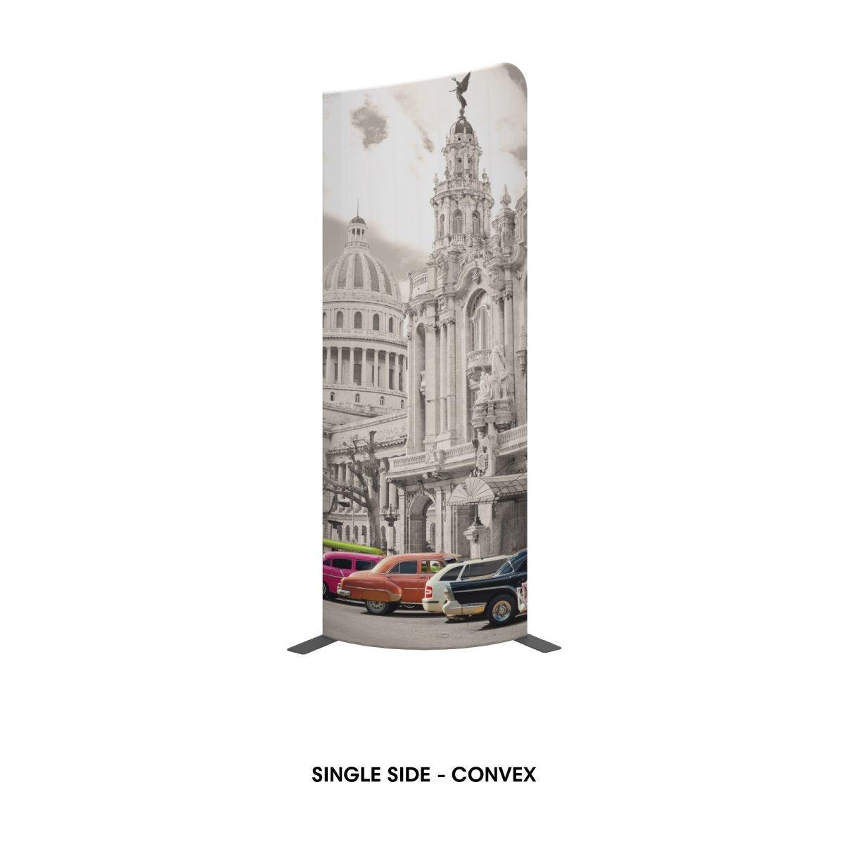 Convex single-side trade show display with vintage cityscape and classic cars for exhibitions