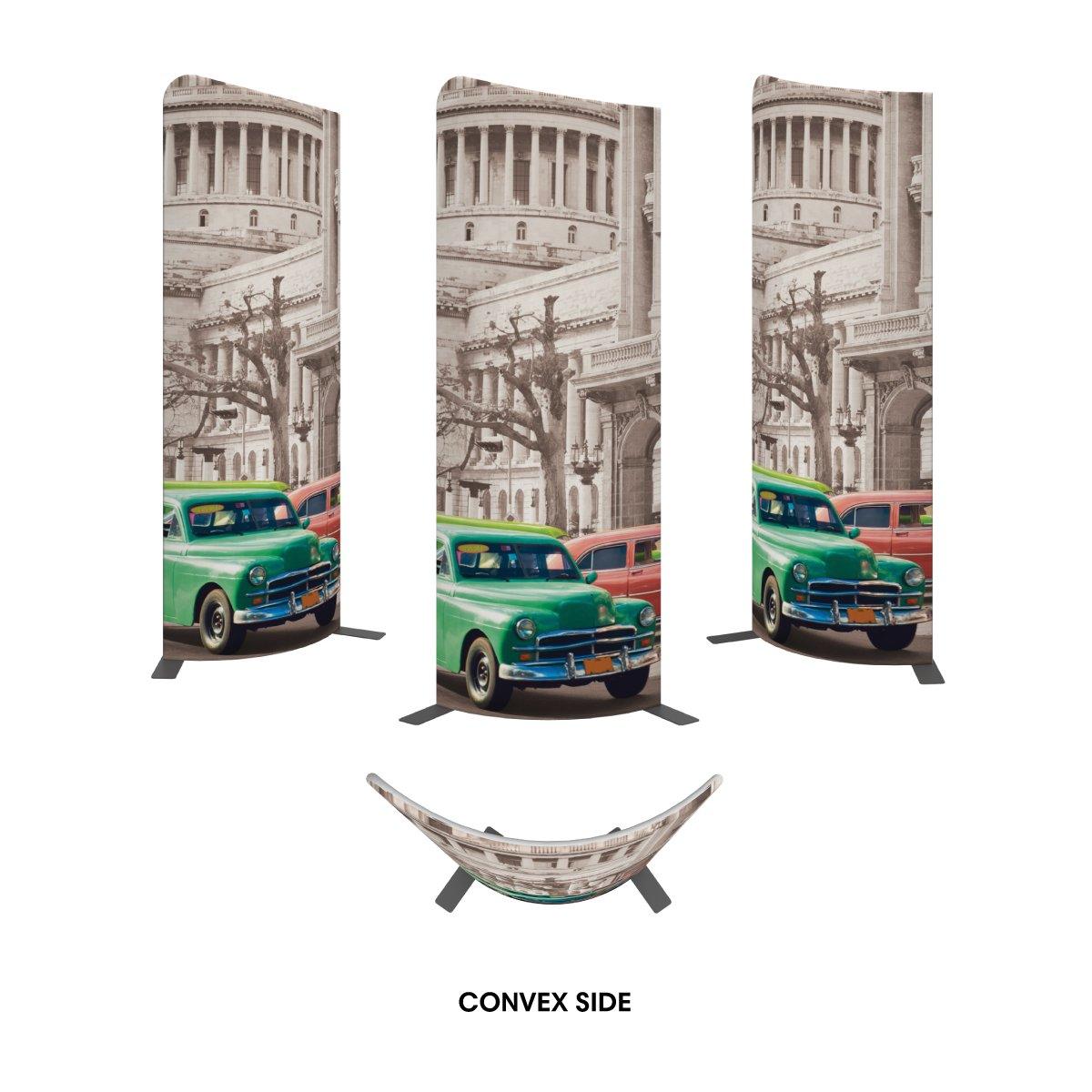 Curved trade show displays featuring vintage cars and architectural background for exhibitions and events