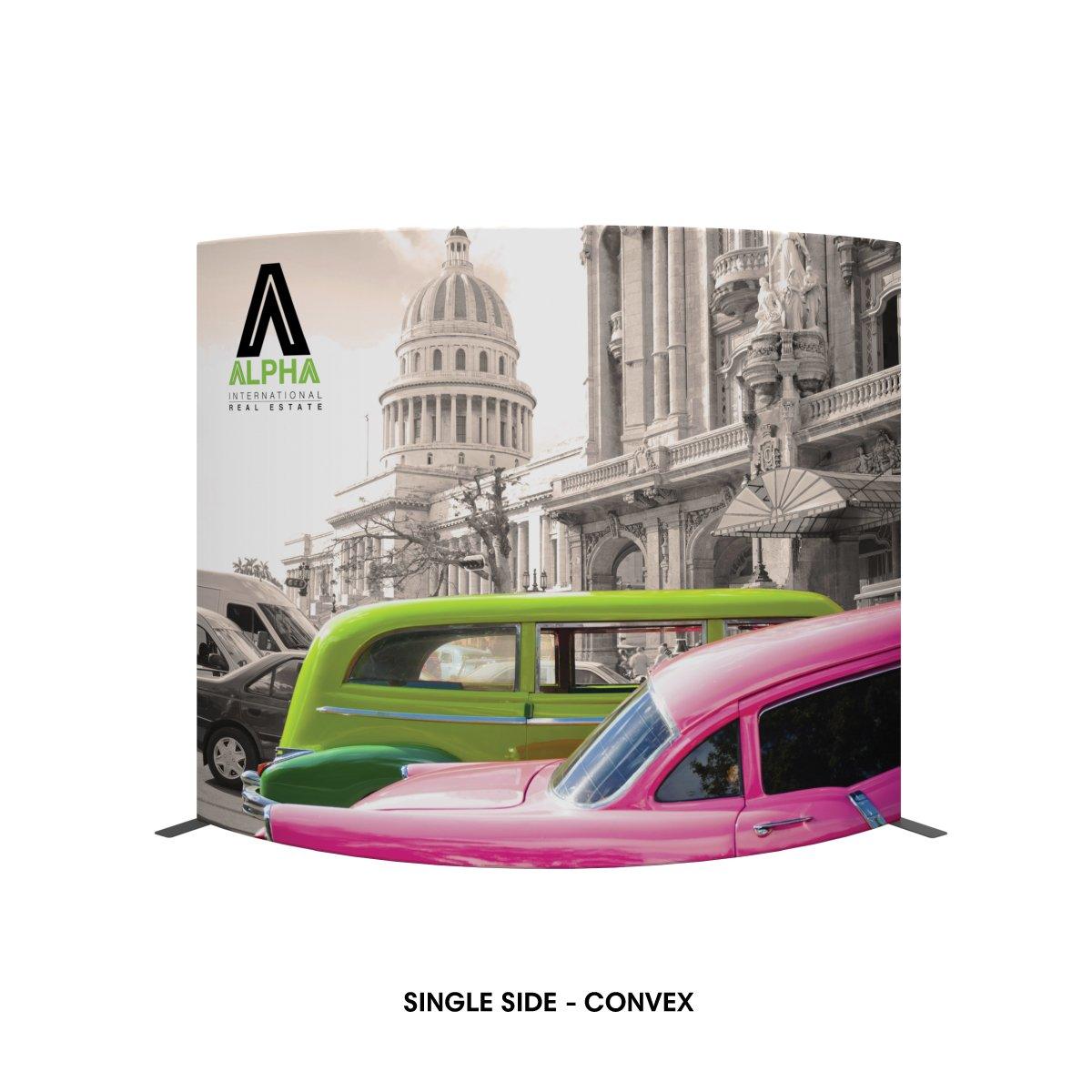 Curved trade show display featuring vintage cars and historic architecture for exhibitions and special events