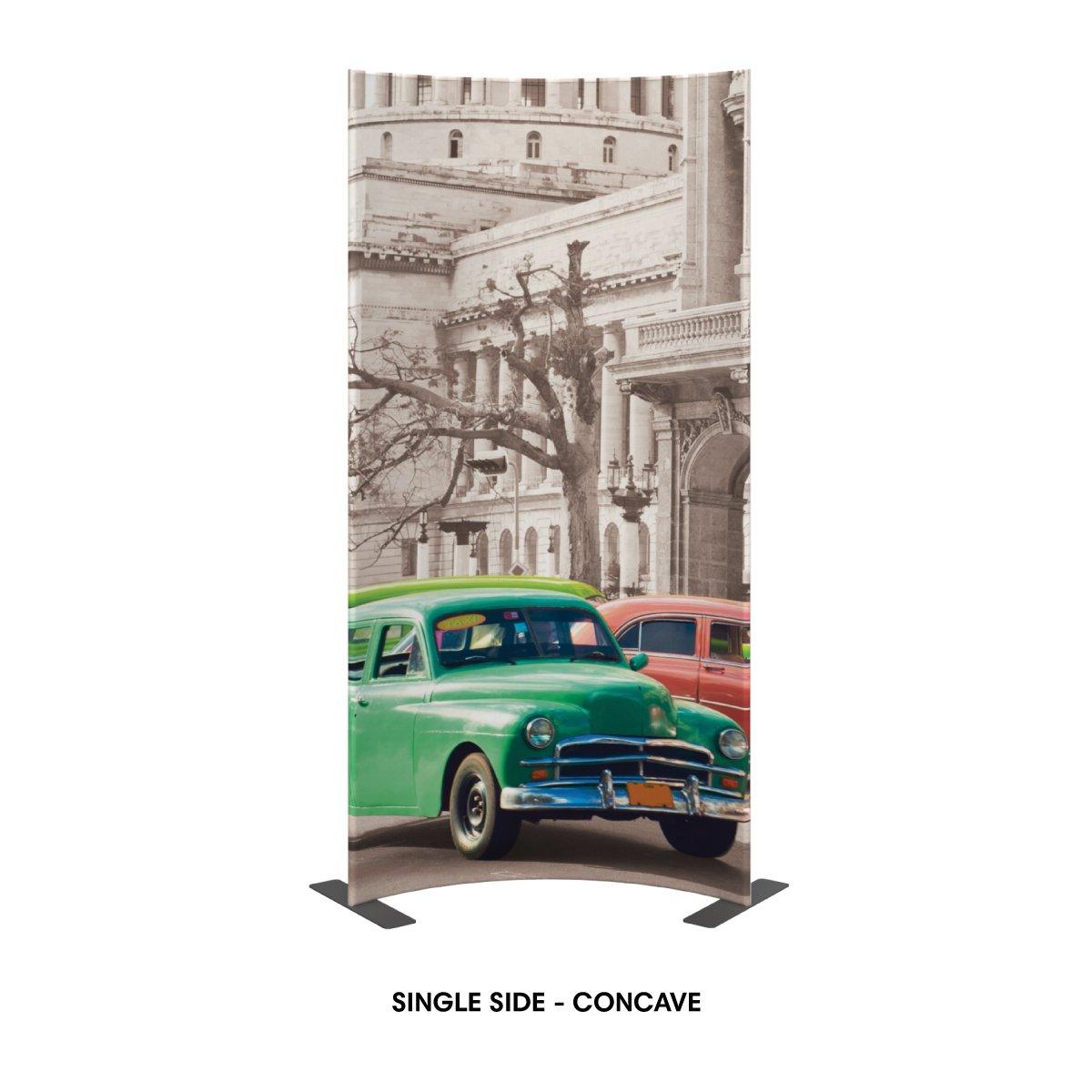 Concave single-sided fabric display with vintage cars and architectural backdrop for trade shows
