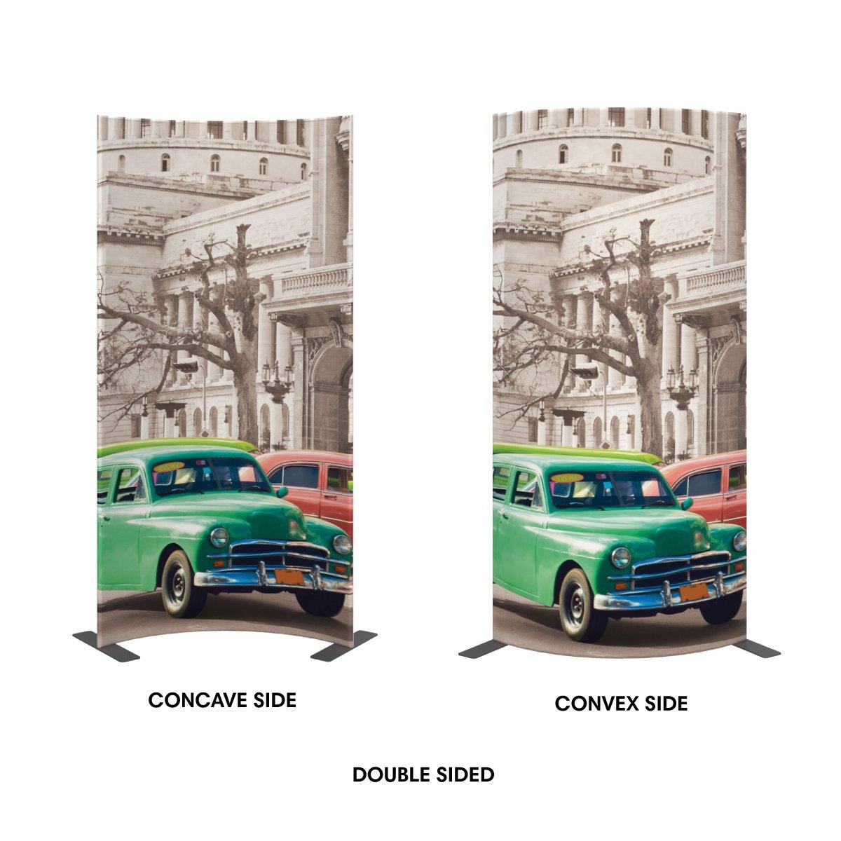 Double sided curved trade show banners featuring vintage car and historic building graphics for exhibitions