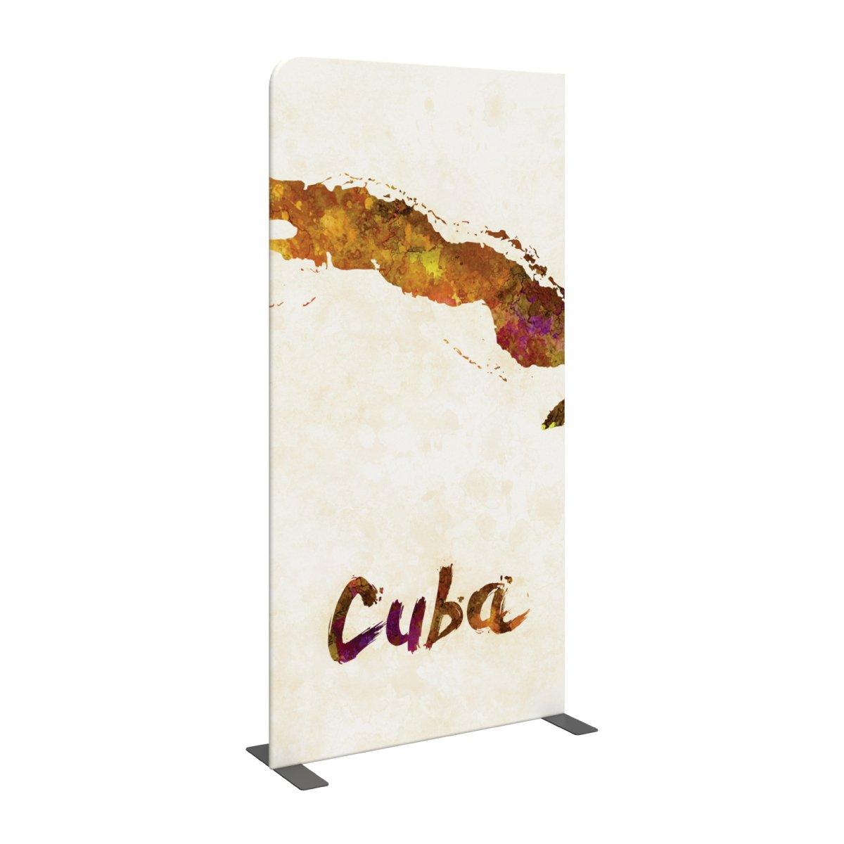 Freestanding trade show display panel featuring artistic map and text for exhibitions and events