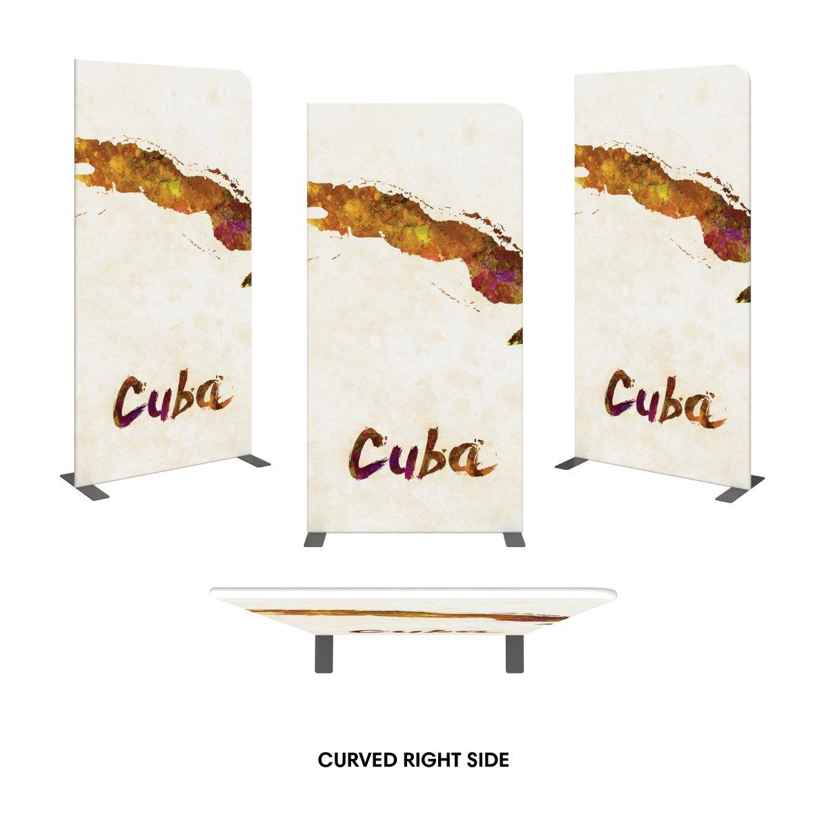 Curved trade show display panel featuring a stylized map and text 'Cuba' for exhibitions and special events