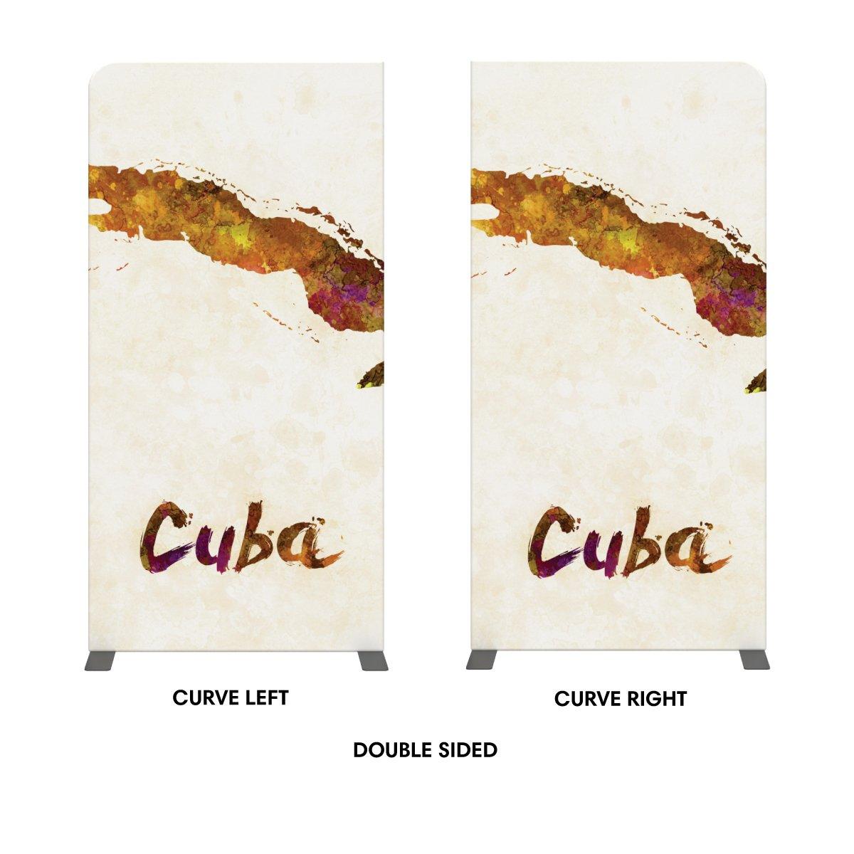 Double-sided curved fabric display banners featuring Cuba map for trade shows and exhibitions