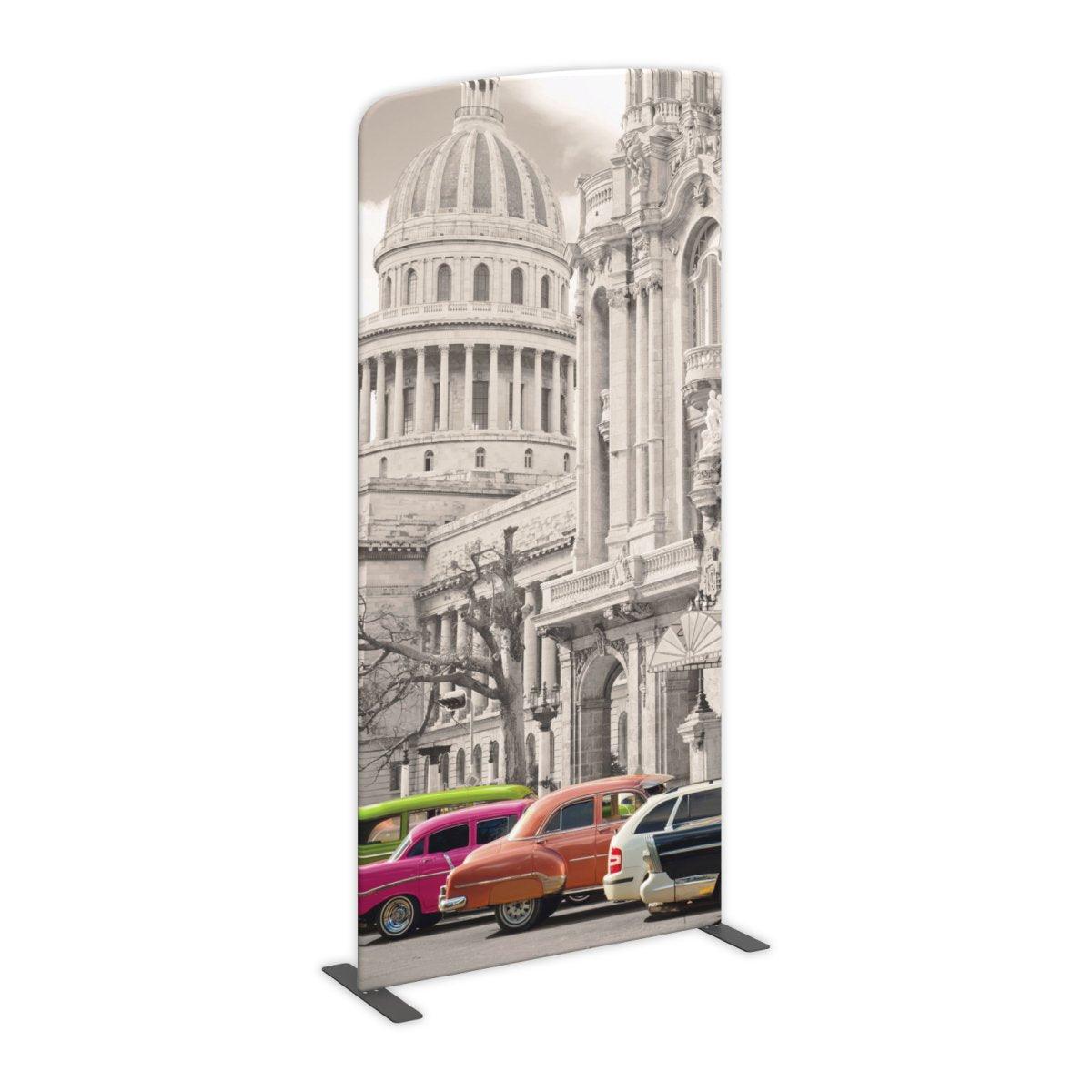 Trade show fabric display banner featuring vintage cars and historic architectural landmarks