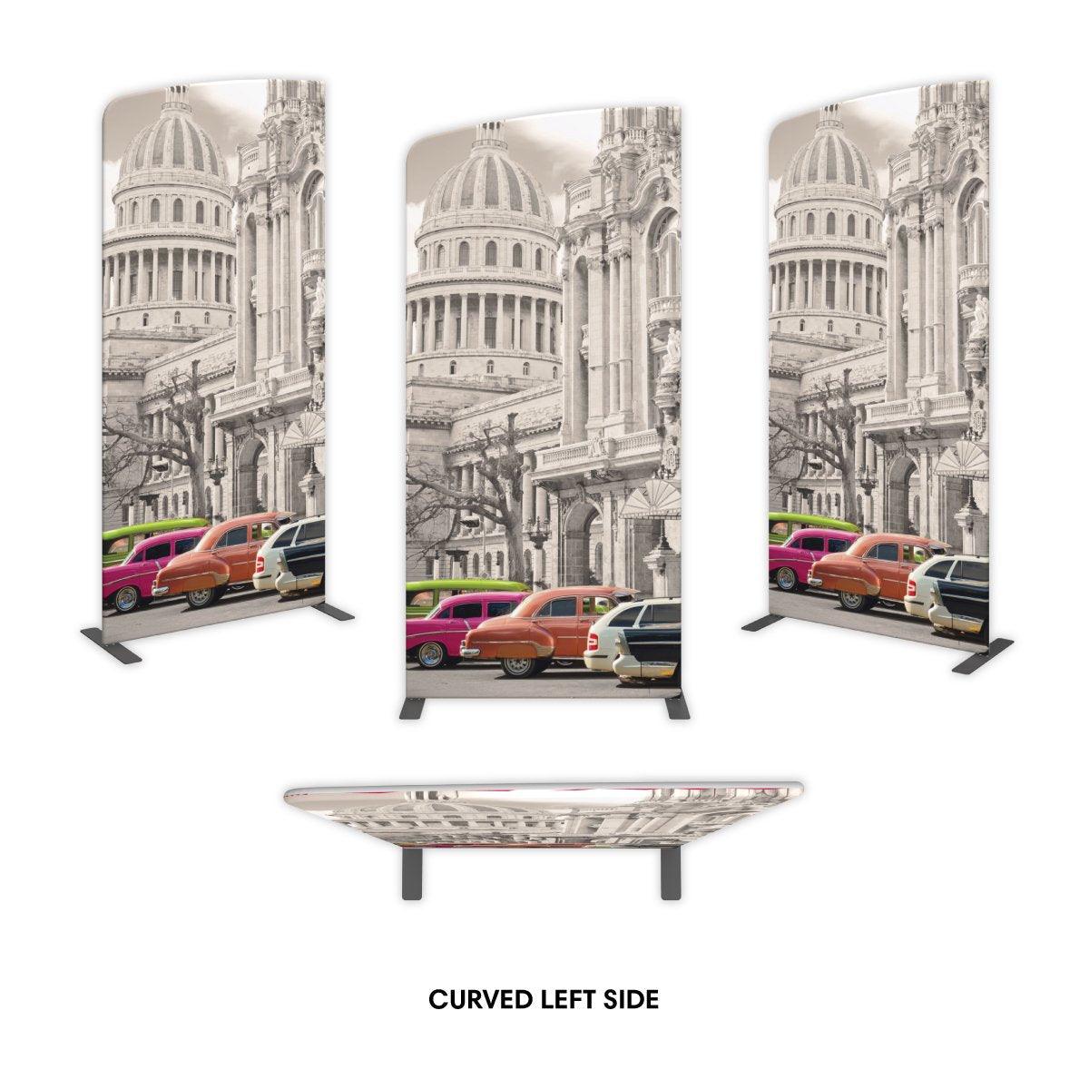 Curved left side trade show display featuring vintage cityscape and classic cars for exhibitions and events