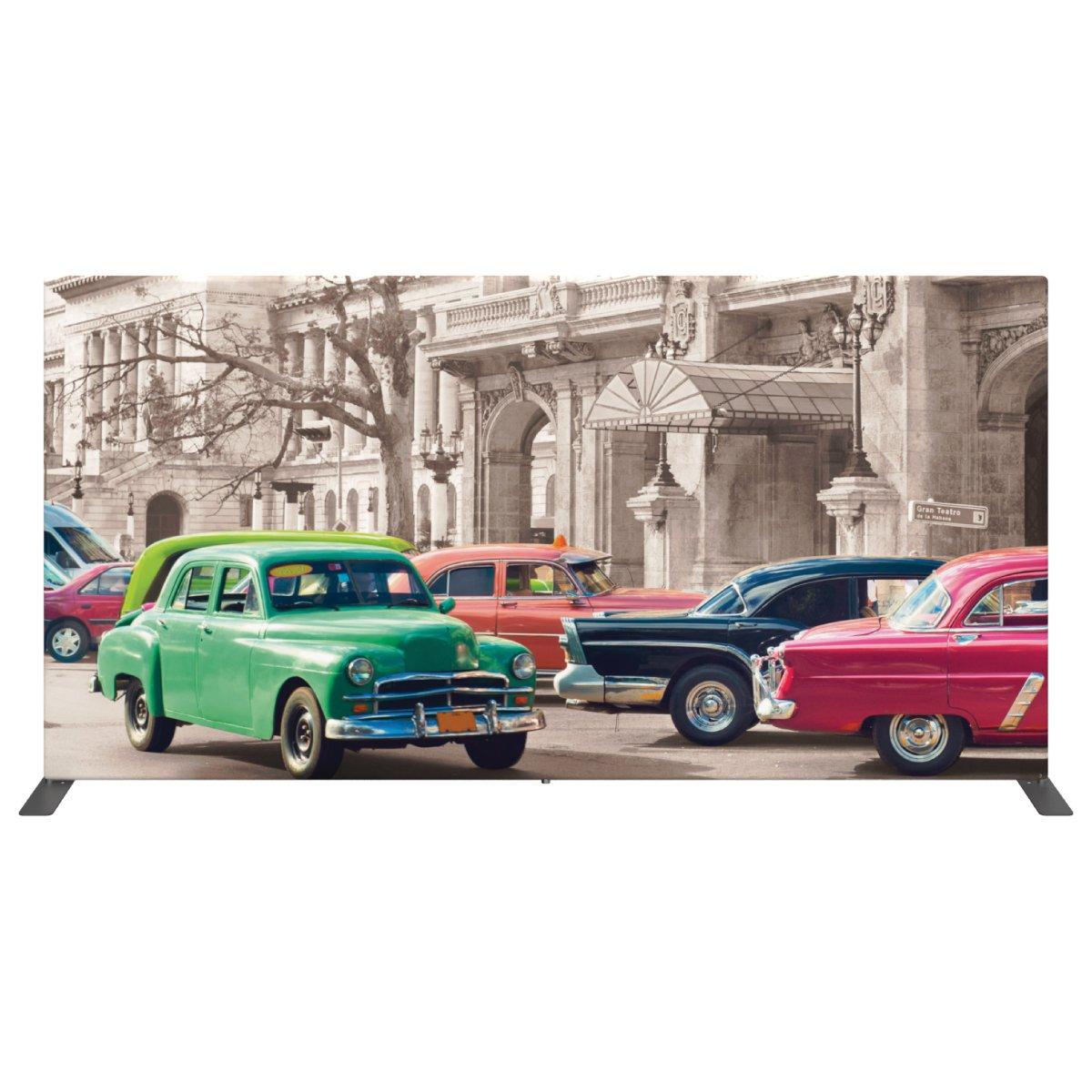 Trade show fabric banner featuring vintage cars against historic architecture for exhibitions and events