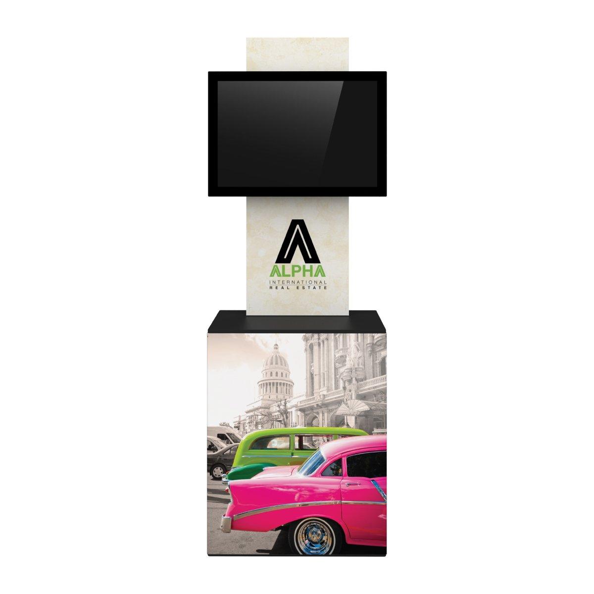 Trade show display stand with branded graphics and mounted monitor for exhibitions and special events