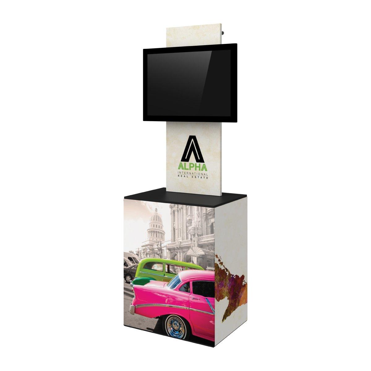 Portable trade show kiosk with display screen and branded graphic panel for exhibitions and events