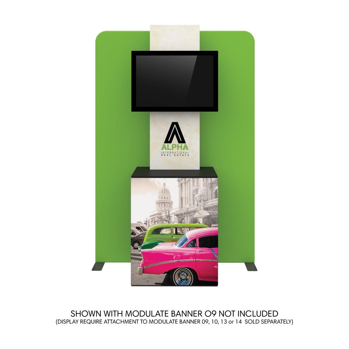 Trade show display with monitor, graphic panel, and branded booth backdrop for exhibitions and events